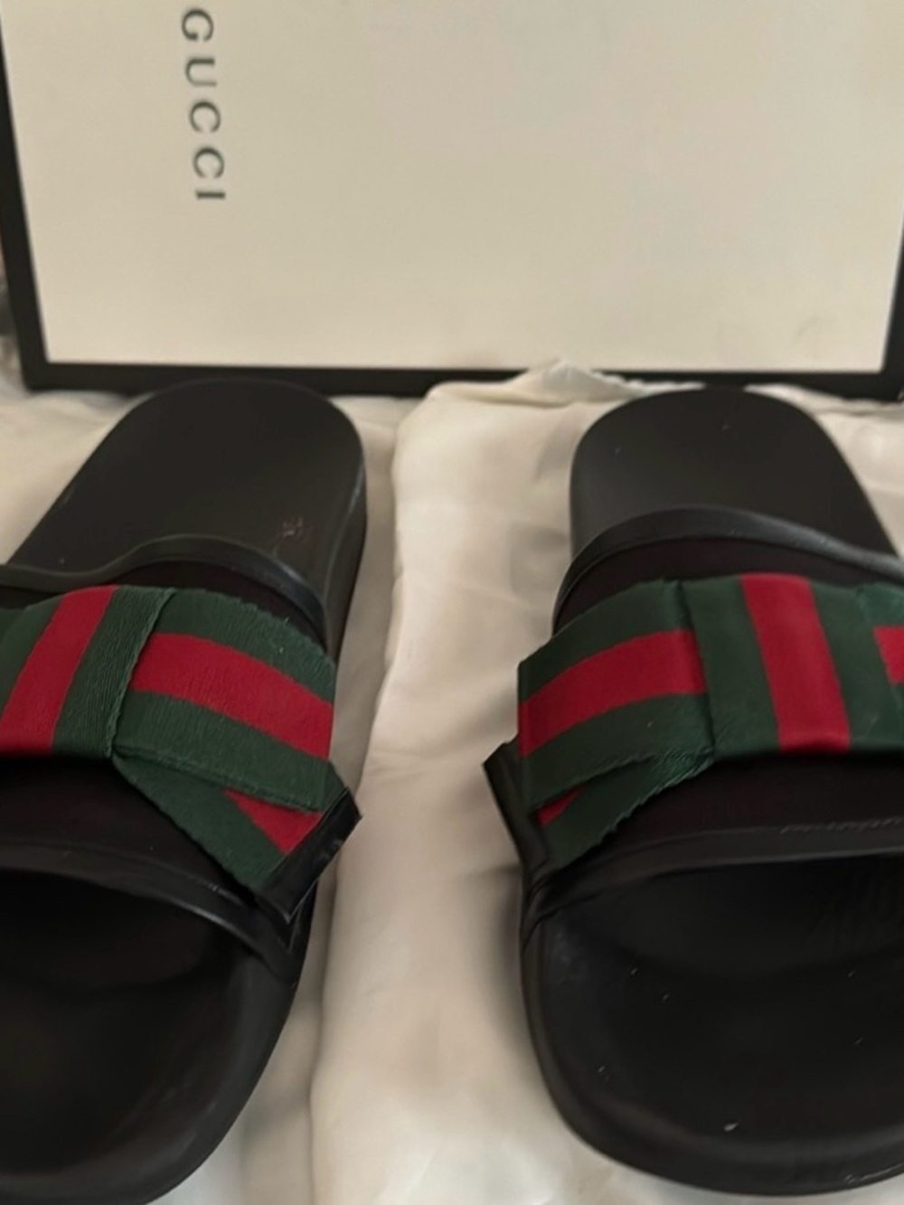 Gucci Black Slides with Signature Green and Red Straps